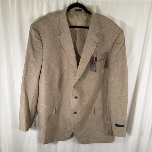 New Stafford Linen Blend Blazer Men's 54 Big Long Beige 2 Button Inner Pockets - Picture 1 of 13